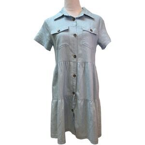 Tiered Button Down Dress Short Sleeve Casual Light Blue